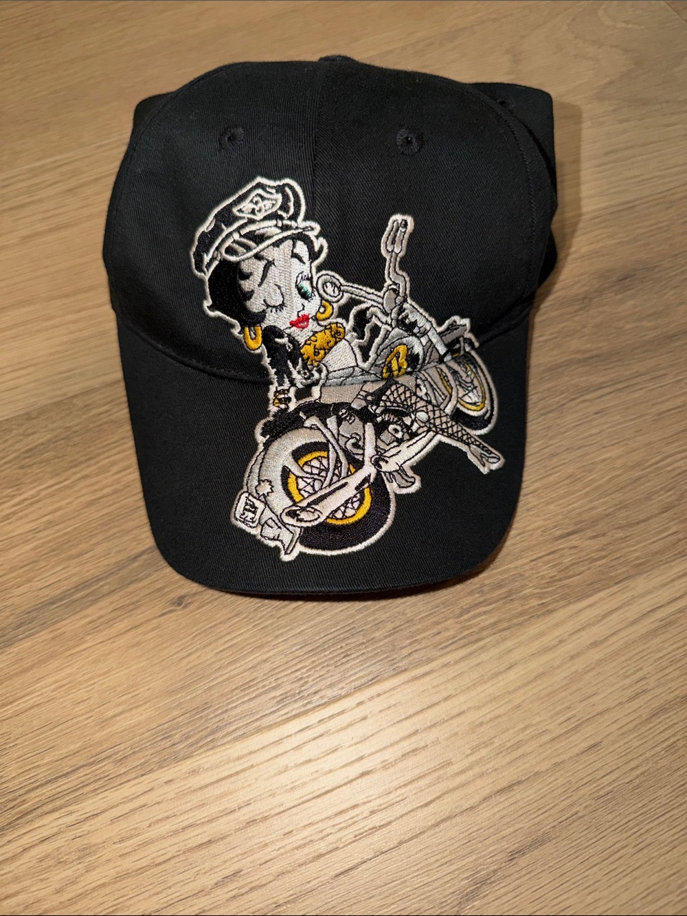 Betty Boop Black Baseball Cap with Embroidered Motorcycle Patch